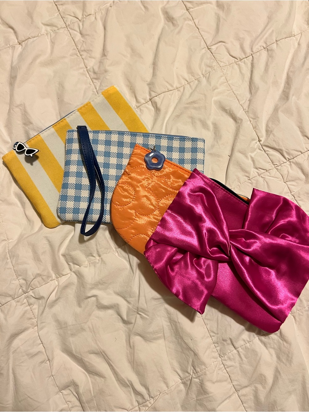 Lot of 4 IPSY bags -  Bow Wristlet Pouch - Pink and Orange, blue, yellow